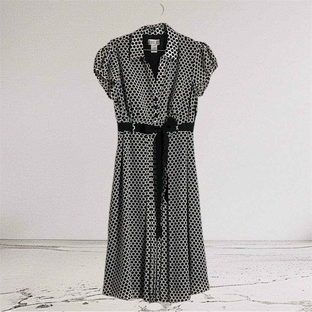 Robbie Bee Women’s Black and Cream Polka Dots Front Tie Midi Dress Size 14